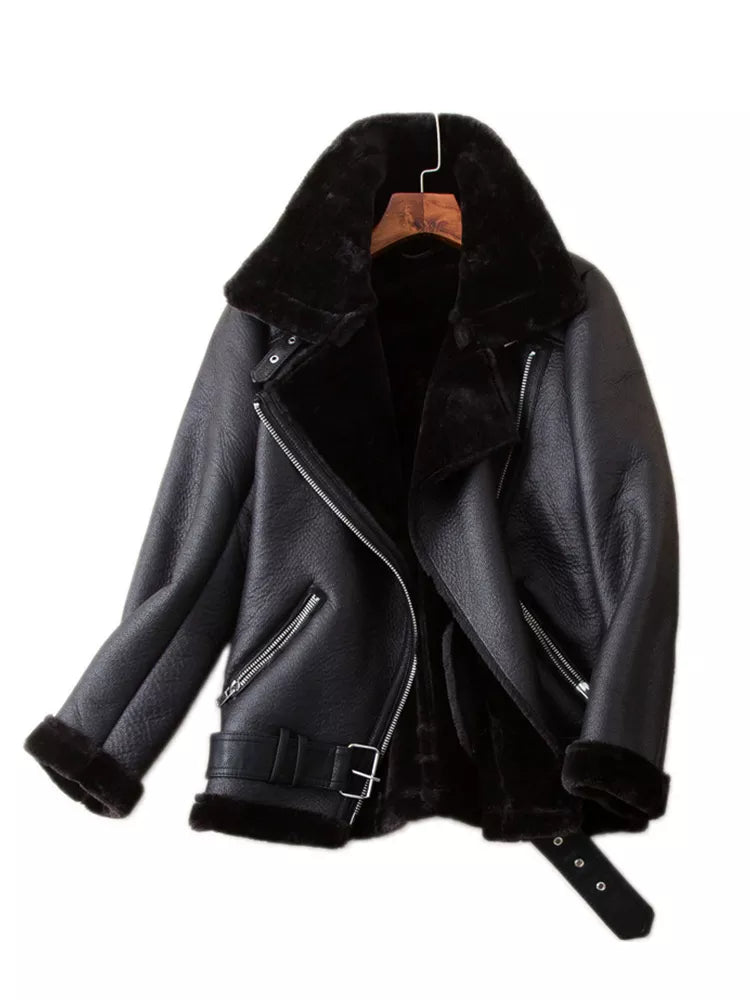 Women's fur-lined leather aviator jacket