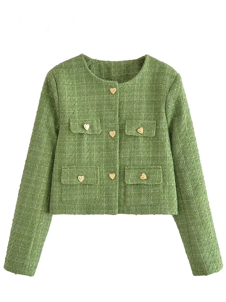 Short frayed green tweed jacket