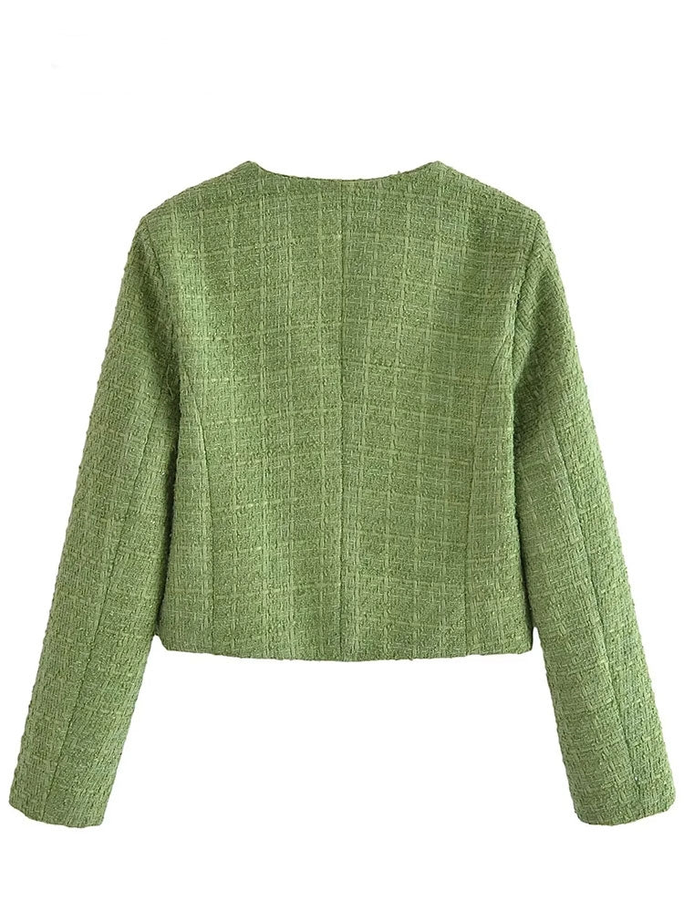 Short frayed green tweed jacket